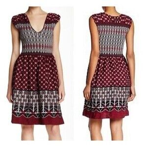 Max Studio Red Black Grey Floral Mixed Border Print Smocked Dress Cottage Large